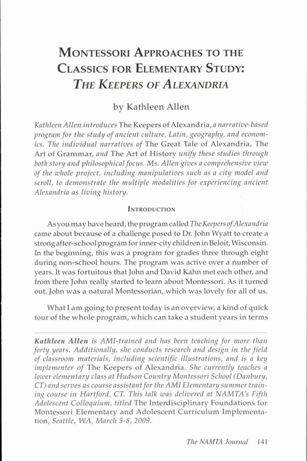 NAMTA Journal 34/3 08 Montessori Approaches to the Classics for Elementary Study: The Keepers of Alexandria