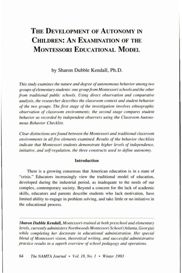 NAMTA Journal 18/1 05 The Development of Autonomy in Children: An Examination of the Montessori Educational Model