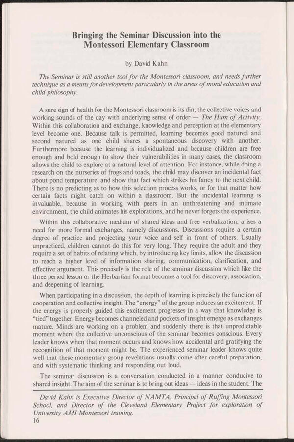 NAMTA Quarterly 10/1 03 Bringing the Seminar Discussion into the Montessori Elementary Classroom