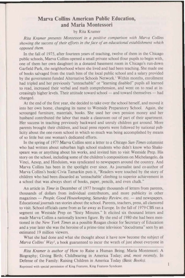 NAMTA Quarterly 08/3 01 Marva Collins, American Public Education, and Maria Montessori