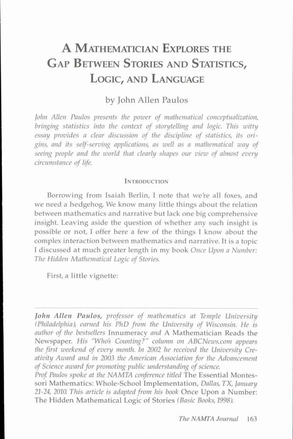 NAMTA Journal 35/2 12 A Mathematician Explores the Gap Between Stories and Statistics, Logic, and Language