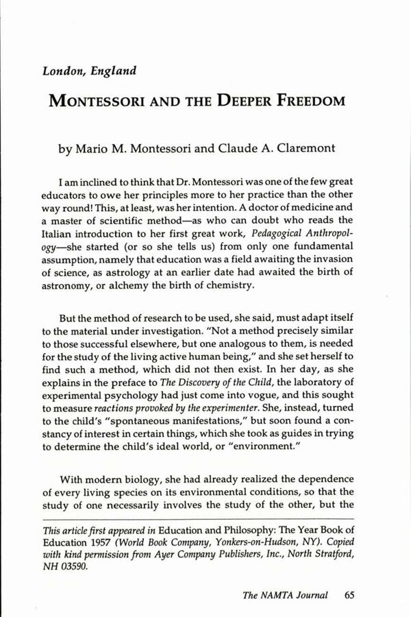 NAMTA Journal 23/2 07 Montessori and the Deeper Freedom