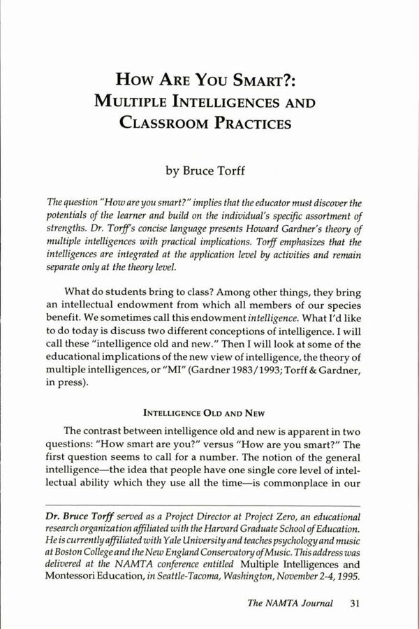 NAMTA Journal 21/2 03 How Are You Smart? Multiple Intelligences and Classroom Practices