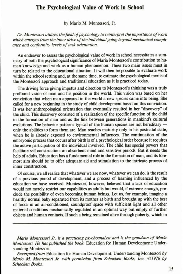 NAMTA Quarterly 08/1 02 The Psychological Value of Work in School