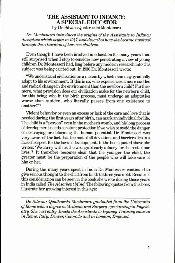 NAMTA Journal 15/3 01 The Assistant to Infancy: A Special Educator (Includes Overview of History of Assistants to Infancy)