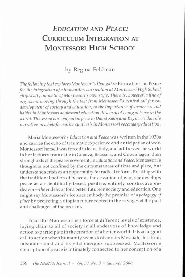 NAMTA Journal 33/3 19 Education and Peace: Curriculum Integration at Montessori High School