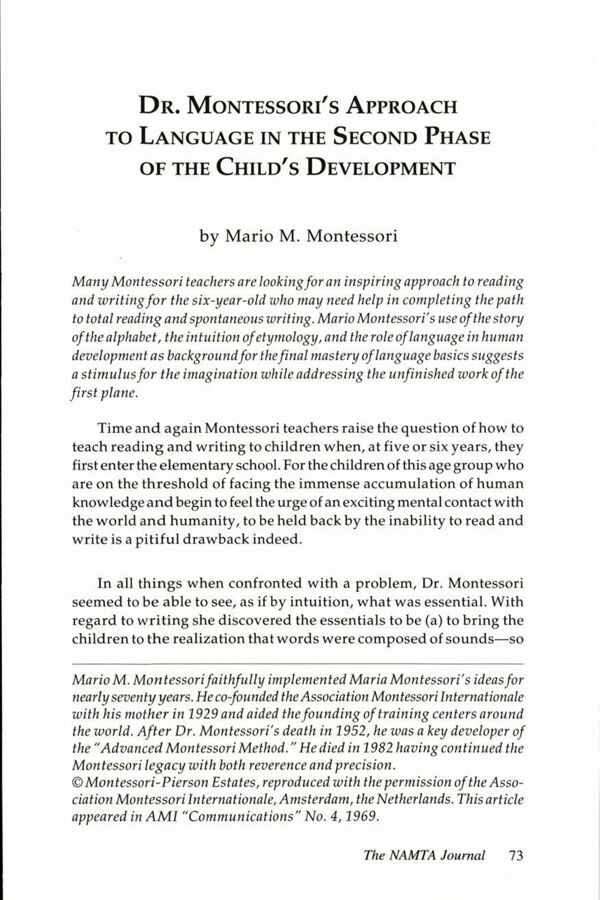 NAMTA Journal 26/2 04 Dr. Montessori's Approach to Language in the Second Phase of the Child's Development