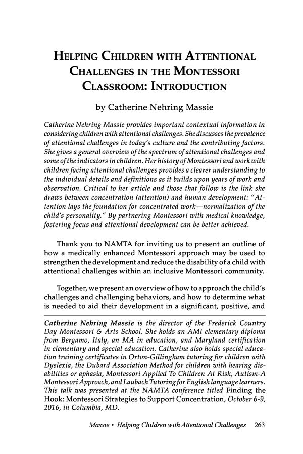 NAMTA Journal 42/2 12 Helping Children with Attentional Challenges in the Montessori Classroom: Introduction