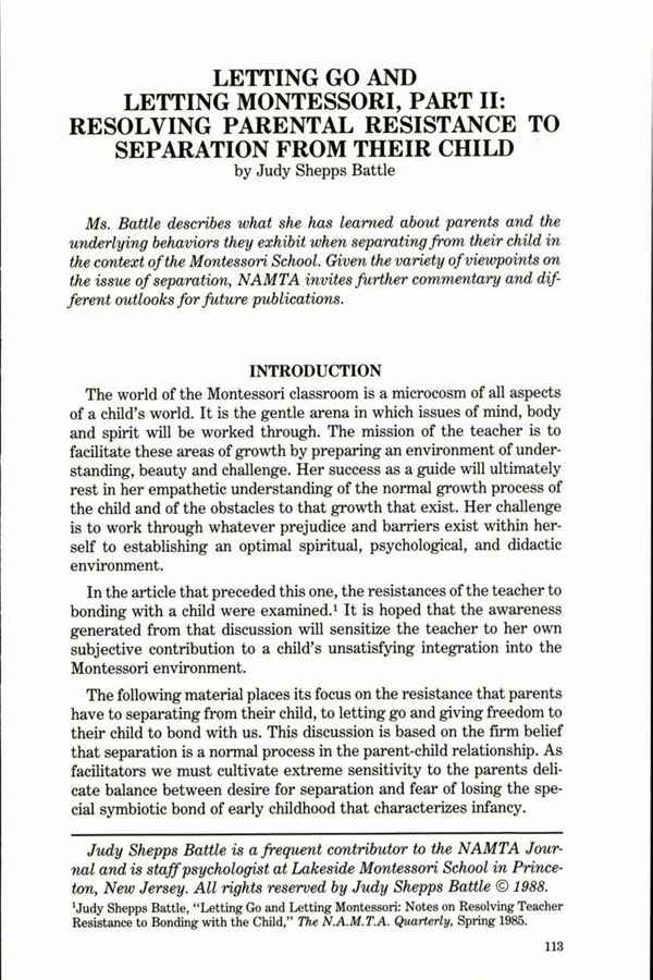 NAMTA Journal 13/2 11 Letting Go and Letting Montessori, Part II: Resolving Parental Resistance to the Separation from their…