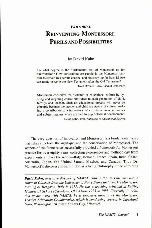 NAMTA Journal 18/1 01 Reinventing Montessori: Perils and Possibilities