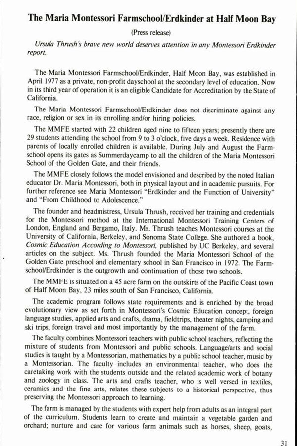 NAMTA Quarterly 05/2 06 The Maria Montessori Farmschool/Erdkinder at Halfmoon Bay