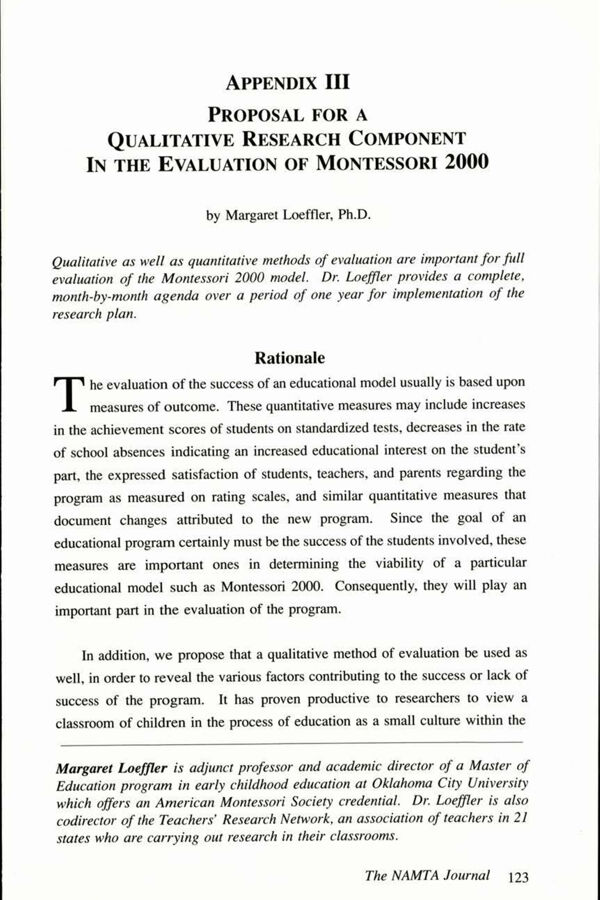 NAMTA Journal 17/2 12 Proposal for a Qualitative Research Component in the Evaluation of Montessori 2000