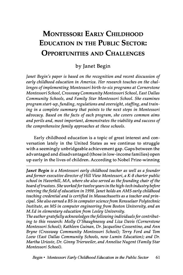 NAMTA Journal 39/2 04 Montessori Early Childhood Education in the Public Sector: Opportunities and Challenges