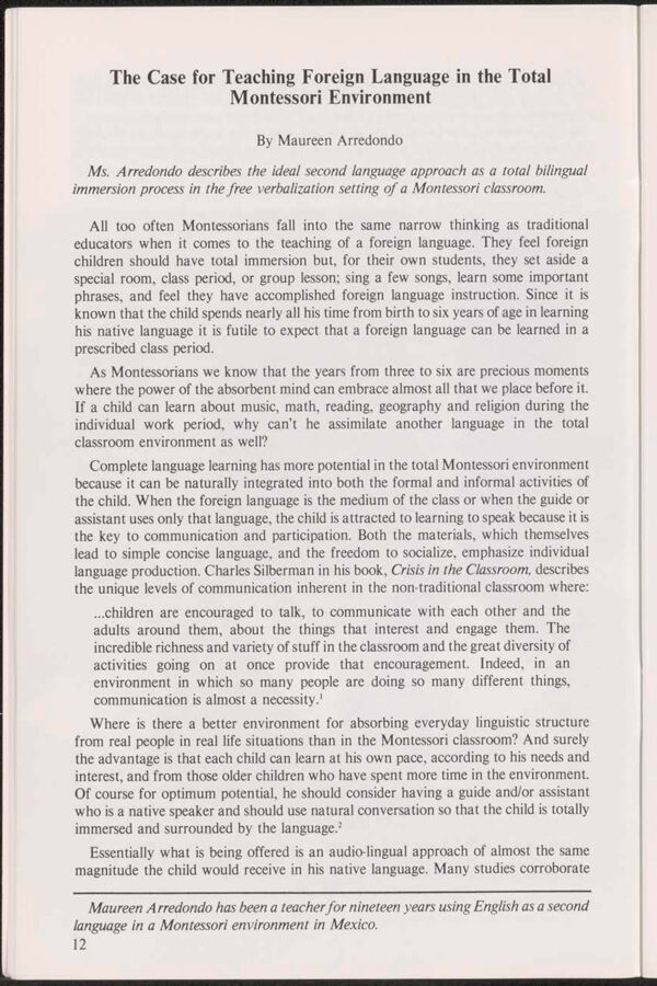 NAMTA Quarterly 10/1 02 The Case for Teaching Foreign Language in the Total Montessori Environment