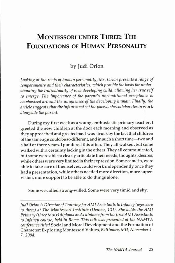 NAMTA Journal 30/1 03 Montessori under Three: The Foundations of Human Personality