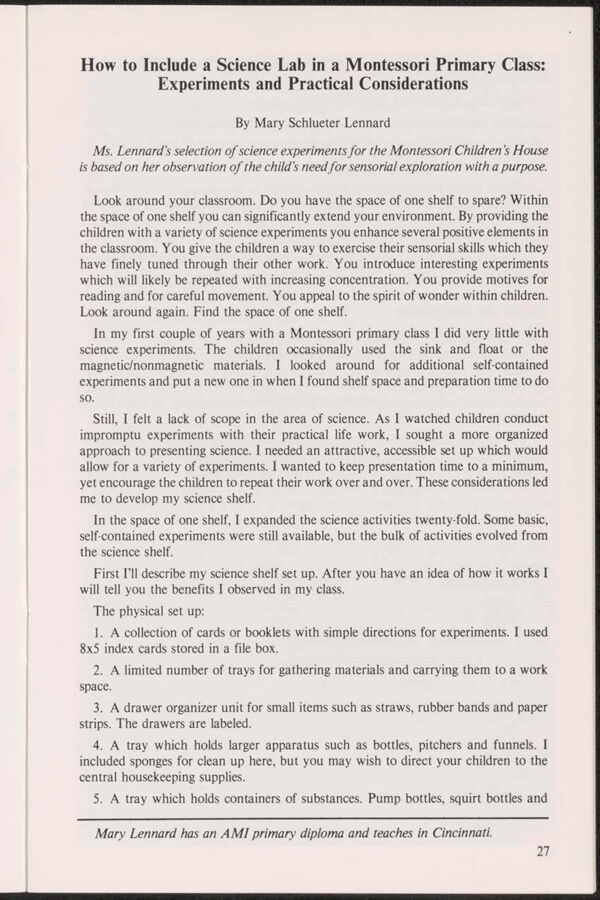 NAMTA Quarterly 10/1 06 How to Include a Science Lab in a Montessori Primary Class: Experiments and Practical Considerations