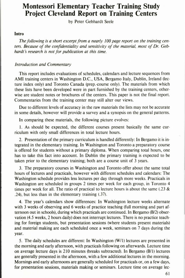 NAMTA Quarterly 09/2 07 Montessori Elementary Teacher Training Study Project Cleveland Report on Training Centers