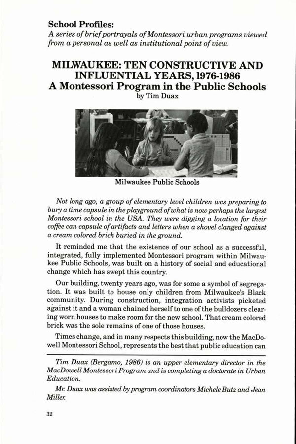 NAMTA Journal 12/2 05 School Profiles: Milwaukee: Ten Constructive and Influential Years, 1976-1986