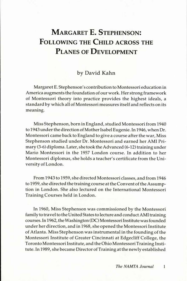 NAMTA Journal 25/3 01 Margaret E. Stephenson: Following the Child across the Planes of Development