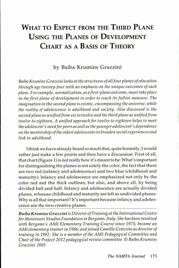 NAMTA Journal 31/1 16 What to Expect from the Third Plane Using the Planes of Development Chart as a Basis of Theory