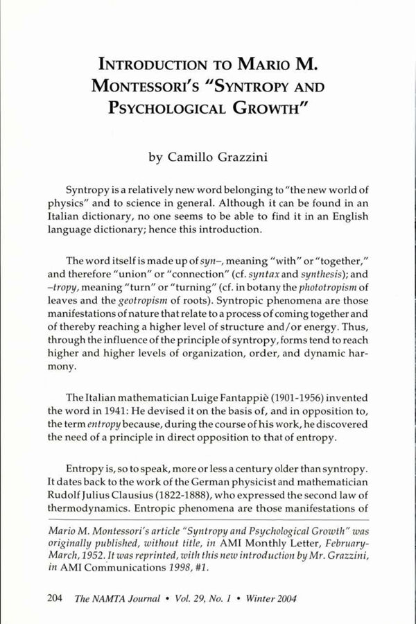 NAMTA Journal 29/1 15 Introduction to Mario M. Montessori's "Syntropy and Psychological Growth"