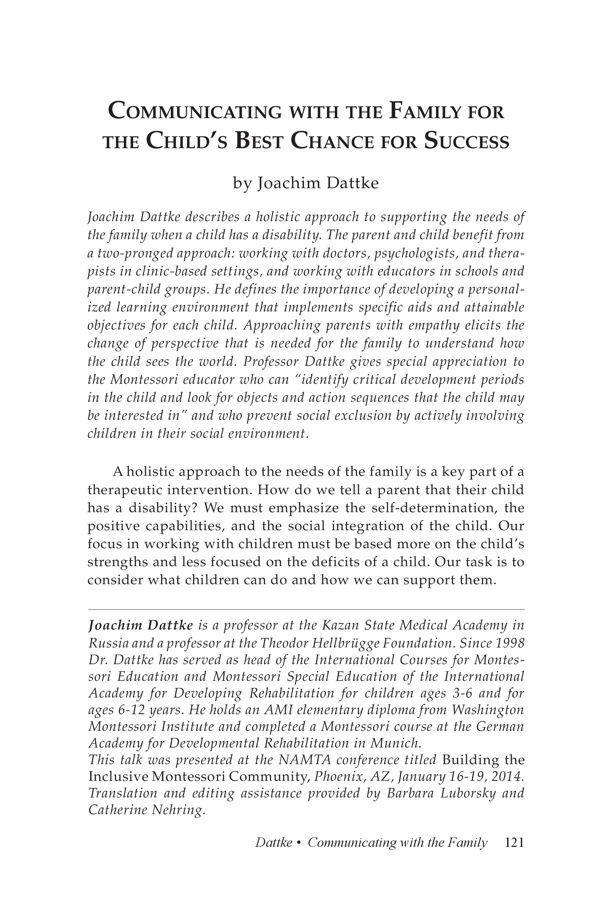 NAMTA Journal 39/3 06 Communicating with the Family for the Child's Best Chance for Success