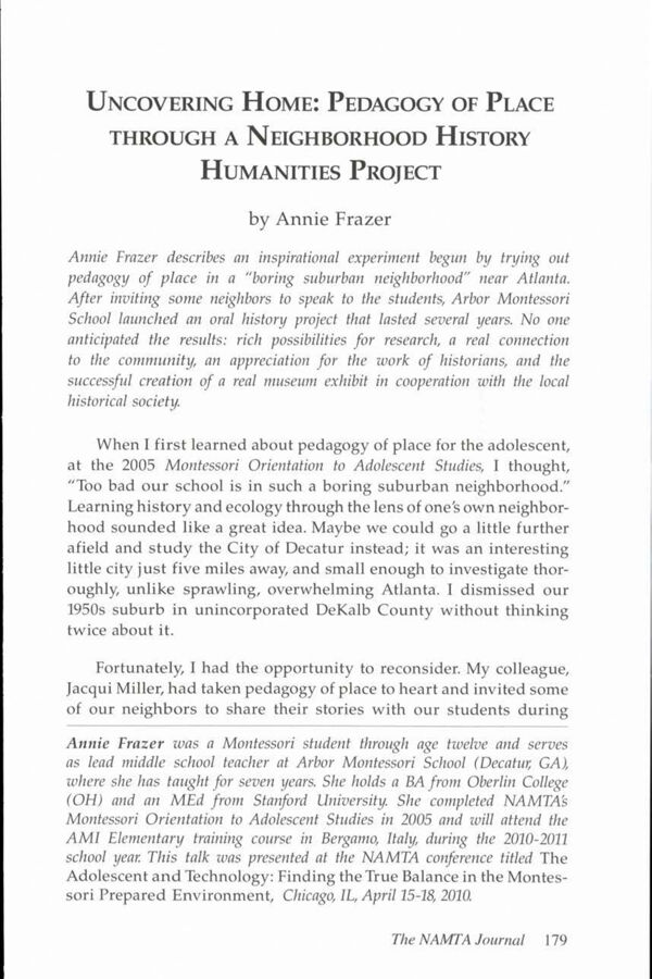 NAMTA Journal 35/3 12 Uncovering Home: Pedagogy of Place through a Neighborhood History Humanities Project