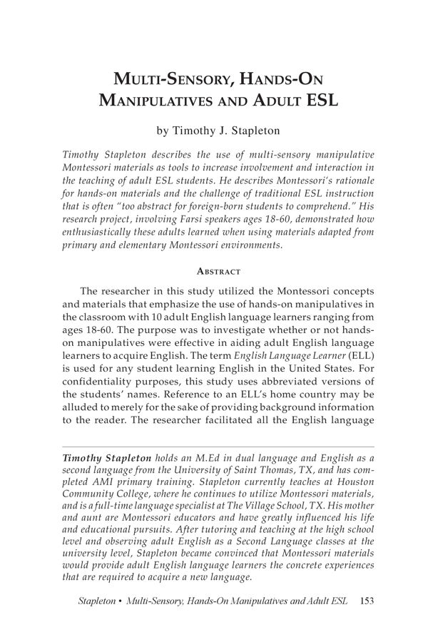 NAMTA Journal 39/3 08 Multi-Sensory, Hands-On Manipulatives and Adult ESL