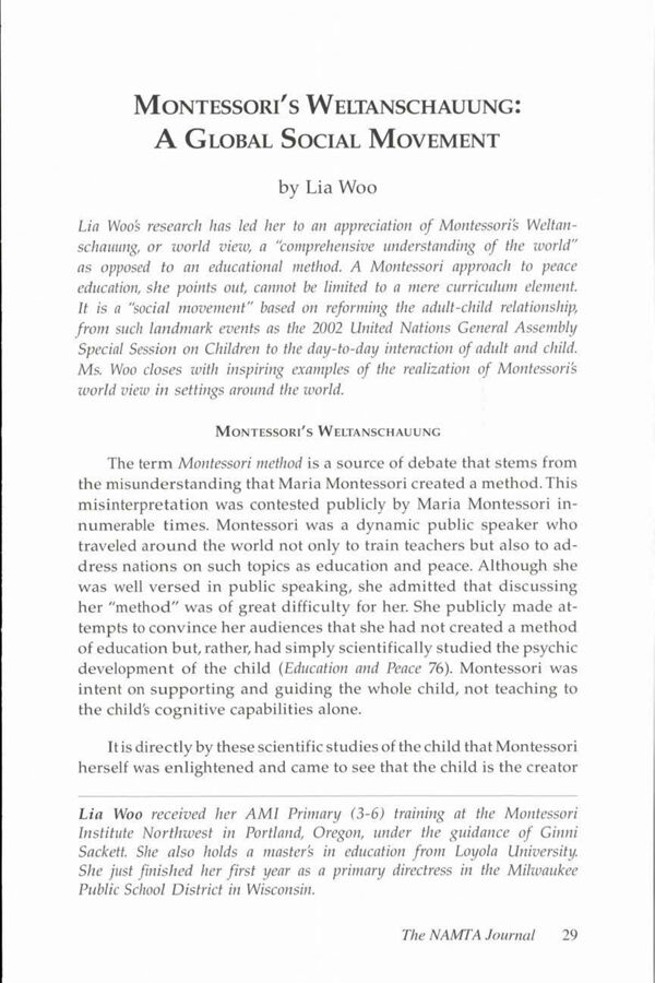 NAMTA Journal 35/3 04 Montessori's Weltanschauung: A Global Social Movement