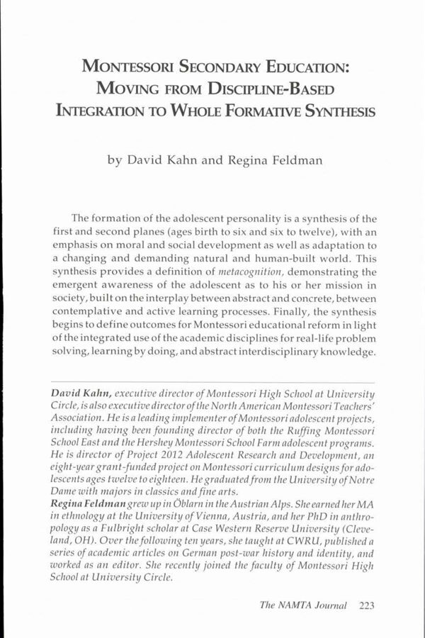 NAMTA Journal 33/3 17 Montessori Secondary Education: Moving from Discipline-Based Integration to Whole Formative Synthesis