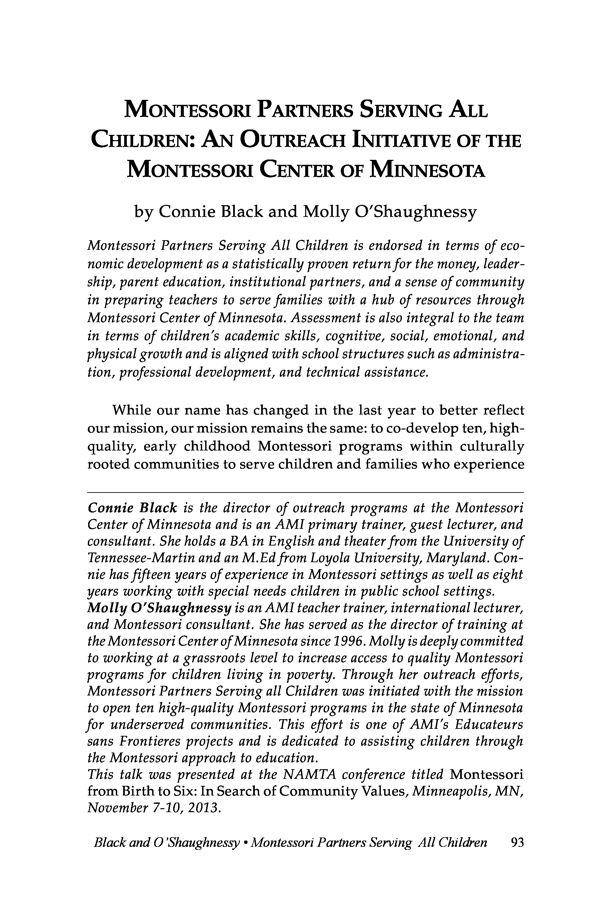 NAMTA Journal 39/2 05 Montessori Partners Serving All Children: An Outreach Initiative of the Montessori Center of Minnesota