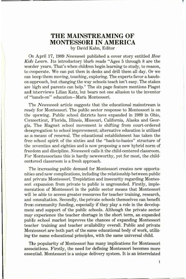 NAMTA Journal 14/2 01 The Mainstreaming of Montessori in America