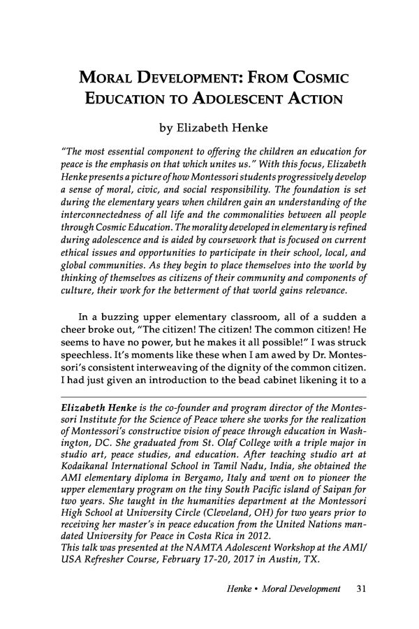 NAMTA Journal 42/3 03 Moral Development: From Cosmic Education to Adolescent Action