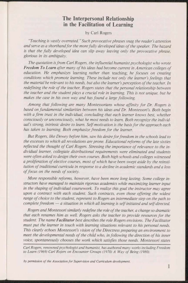 NAMTA Quarterly 08/4 01 The Interpersonal Relationship in the Facilitation of Learning