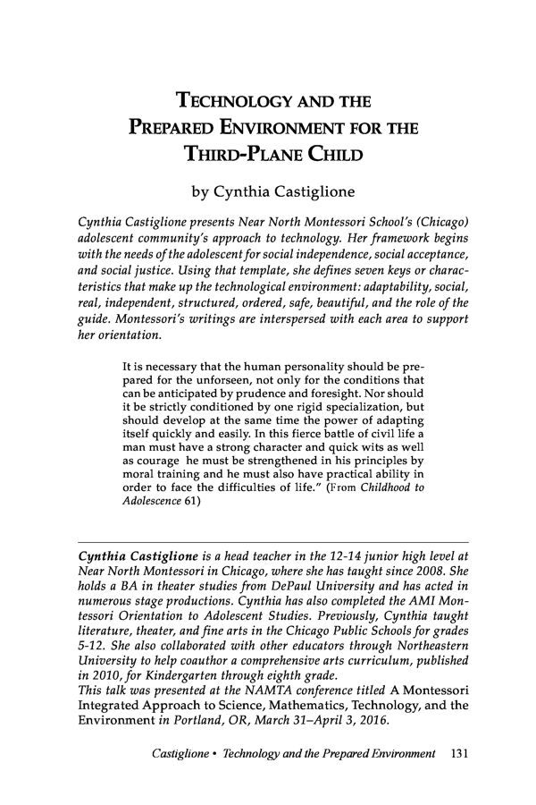 NAMTA Journal 41/2 08 Technology and the Prepared Environment for the Third-Plane Child