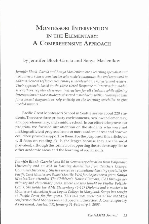 NAMTA Journal 33/2 05 Montessori Intervention in the Elementary: A Comprehensive Approach