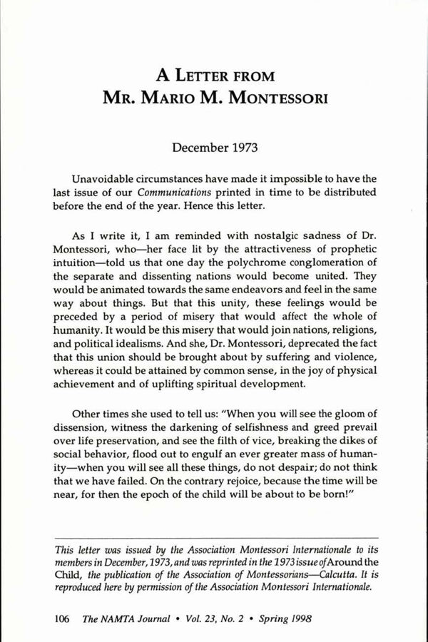 NAMTA Journal 23/2 10 A Letter from Mr. Mario M. Montessori