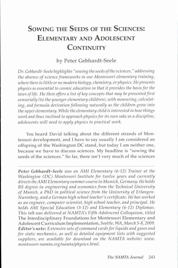 NAMTA Journal 34/3 12 Sowing the Seeds of the Sciences: Elementary and Adolescent Continuity