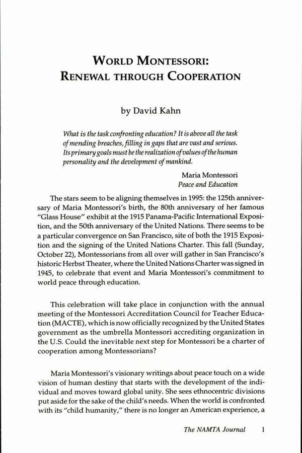 NAMTA Journal 20/3 01 World Montessori: Renewal through Cooperation