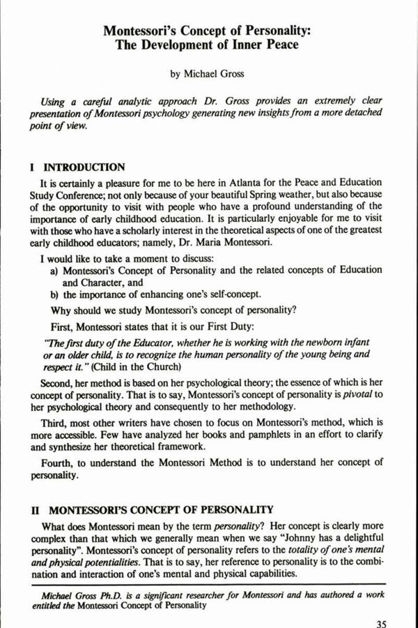 NAMTA Quarterly 11/1 05 Montessori's Concept of Personality: The Development of Inner Peace