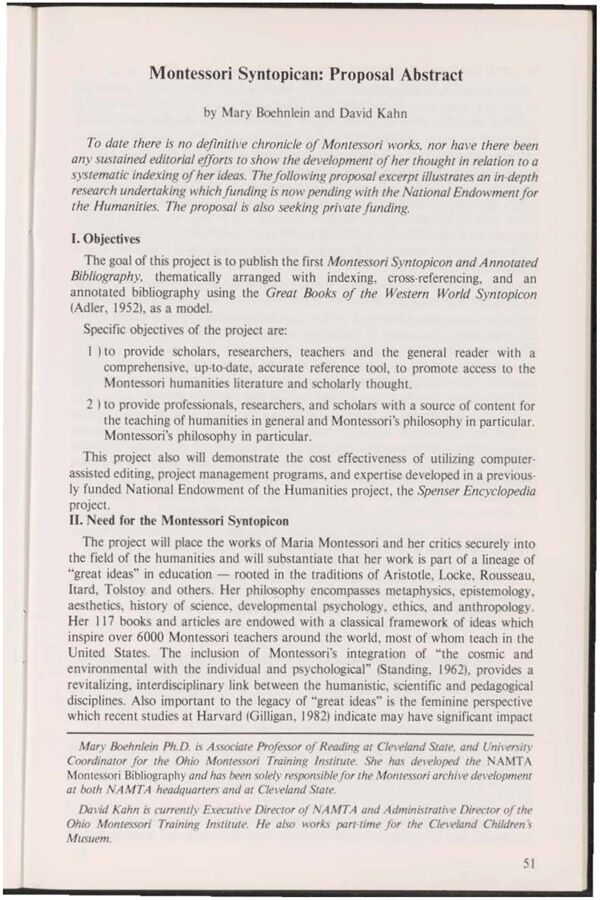 NAMTA Quarterly 11/2 10 Montessori Syntopicon: Proposal Abstract