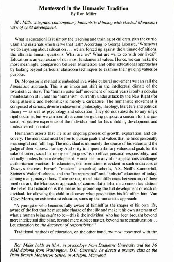 NAMTA Quarterly 07/1 01 Montessori in the Humanist Tradition