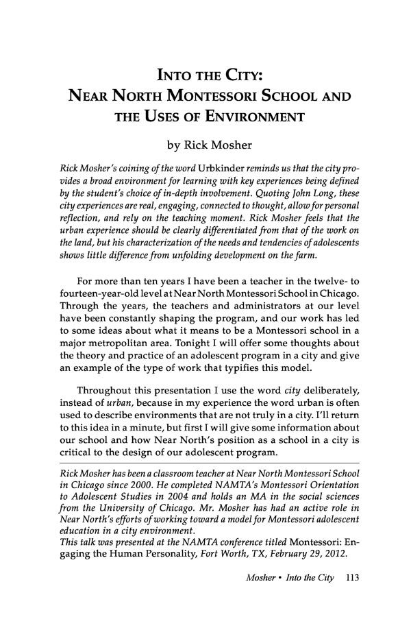 NAMTA Journal 39/1 07 Into the City: Near North Montessori School and the Uses of Environment