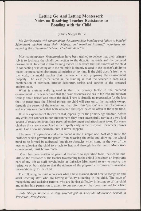 NAMTA Quarterly 10/1 01 Letting Go and Letting Montessori: Notes on Resolving Teacher Resistance to Bonding with the Child