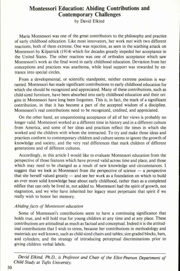 NAMTA Quarterly 08/2 06 Montessori Education: Abiding Contributions and Contemporary Challenges