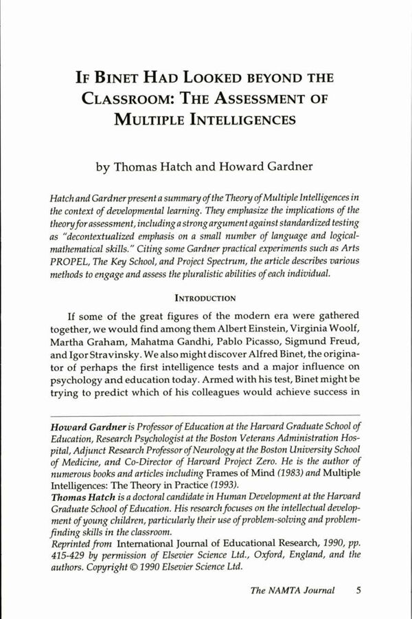 NAMTA Journal 21/2 02 If Binet Had Looked Beyond The Classroom: The Assessment of Multiple Intelligences