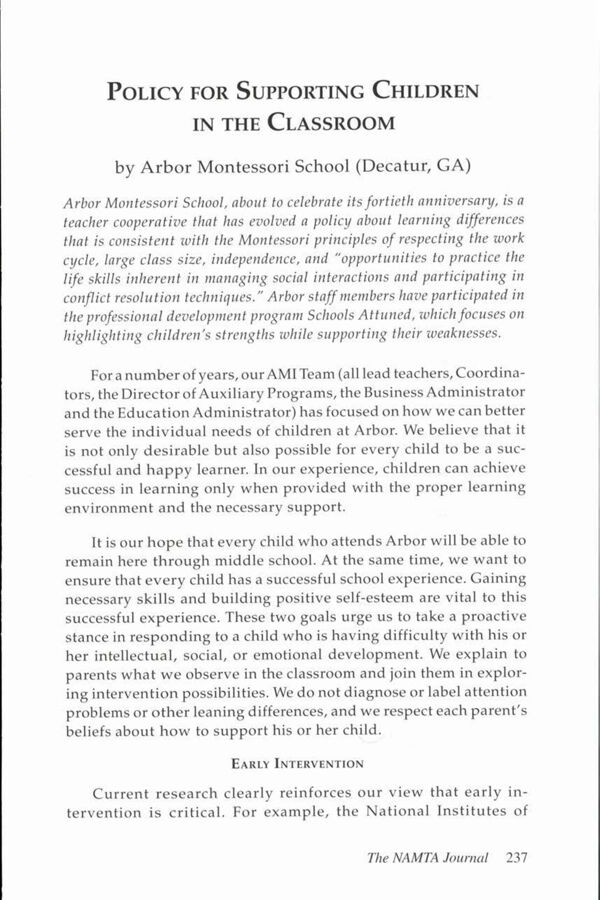 NAMTA Journal 34/2 14 Policy for Supporting Children in the Classroom