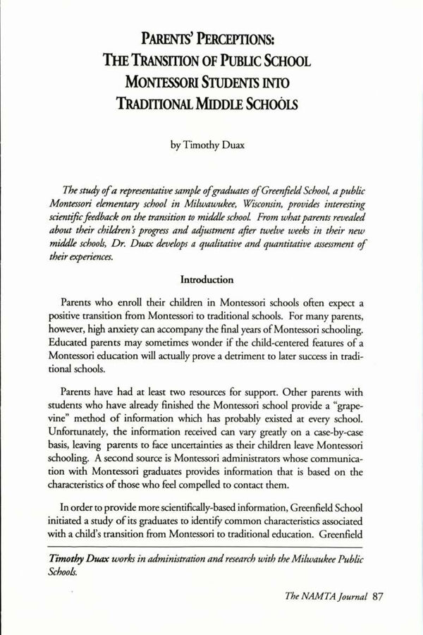 NAMTA Journal 16/3 09 Parents' Perceptions: The Transition of the Public School Montessori Students into Traditional Middle…