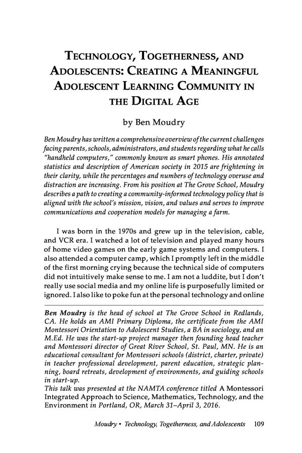 NAMTA Journal 41/2 07 Technology, Togetherness, and Adolescents: Creating a Meaningful Adolescent Learning Community in the…