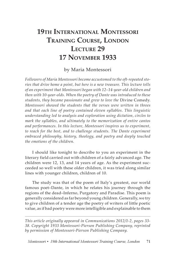 NAMTA Journal 41/1 04 19th International Montessori Training Course, London Lecture 29 17 November 1933